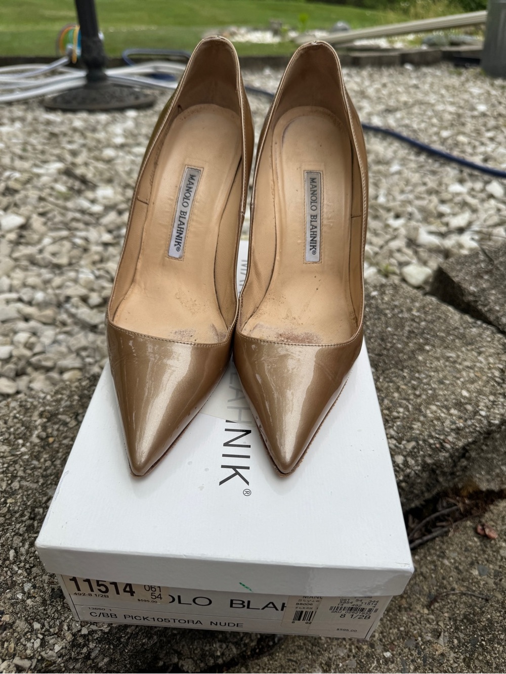 Manolo Blahnik Nude Patent Leather Pointed Toe BB Pumps